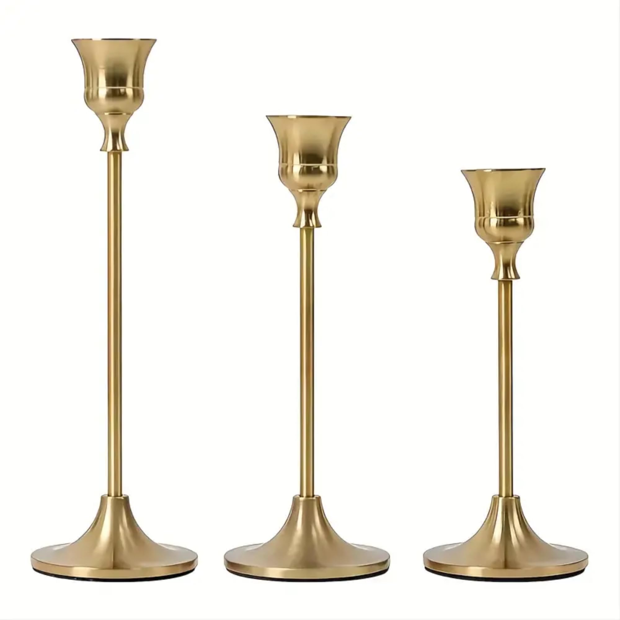 Set of 3 Gold Taper Candle Holders in Varying Heights - Stylish Brass Decorative Candlestick Holder Perfect for Weddings, Home Decor, Dinners, and Special Occasions - Ideal for 2-4 Inch Candles