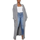 Tcremisa Long Cable Knit Cardigans for Women Chunky Open Front Maxi Sweater Coat Loose Dual Pocket Winter Outwear