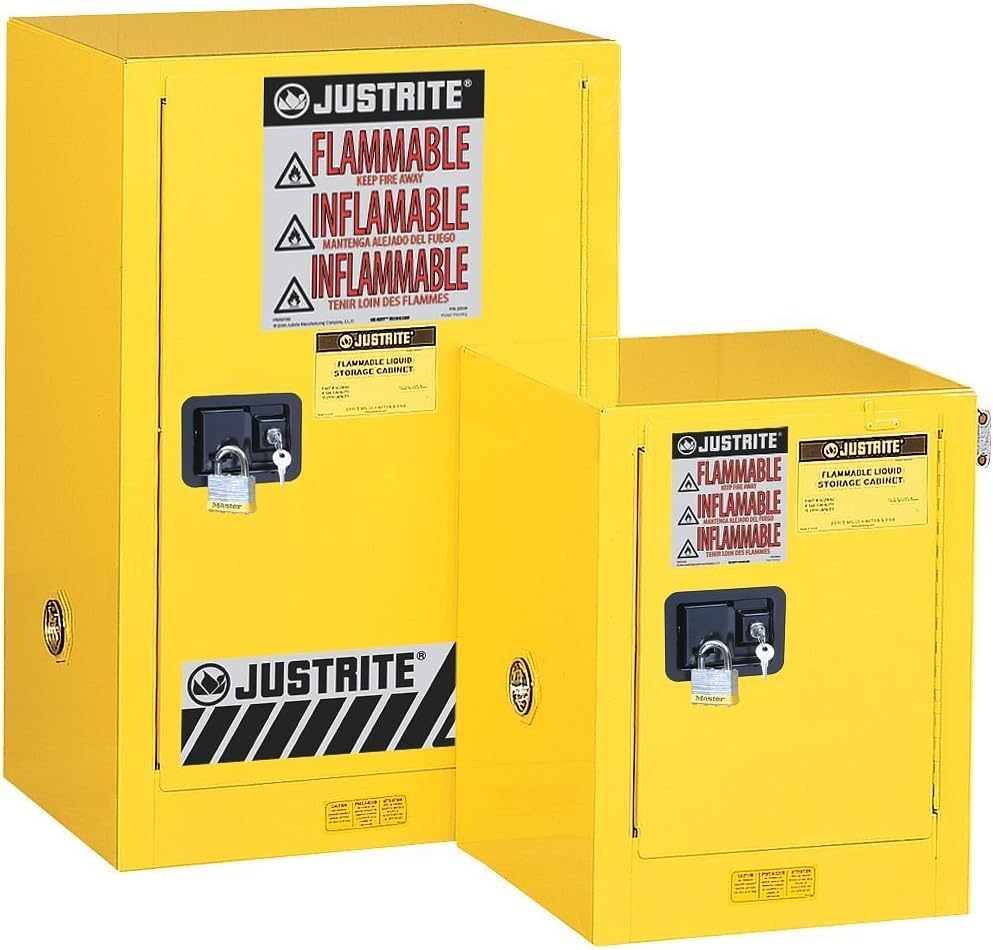 Justrite 891203 Sure-Grip EX Galvanized Steel 1 Door Manual Flammable Compac Safety Storage Cabinet, 12 Gallon Capacity, 23-1/4" Width x 35" Height x 18" Depth, 1 Adjustable Shelfs, Gray