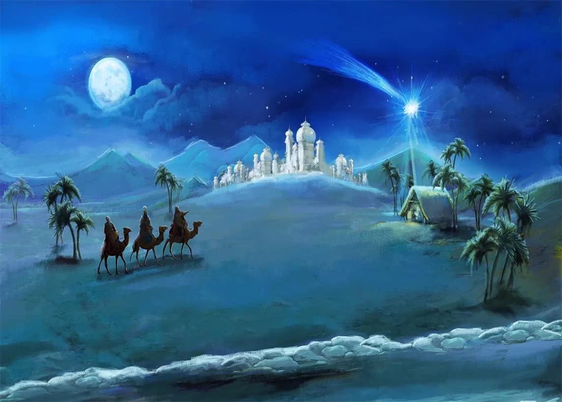 BELECO 2.1x1.5m Nativity Scene Backdrop Christmas Night Stars Holy Family and Three Kings Desert Castle Cottage Manger Birth of Jesus Backdrop Outdoor Xmas Decor Church Religion Photo Booth Props — image 1