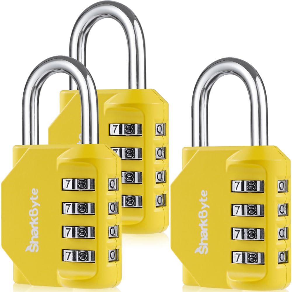 SharkByte Combination Padlock, 4-Dial Heavy Duty Combination Lock, Weatherproof Outdoor Lock Combination Padlock for Gym, School, Locker, Shed, Storage, Garage, Fence, Hasp, Toolbox (3 Pack) Yellow