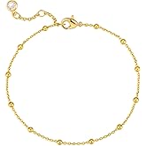MEVECCO Gold Beaded Bracelets,18K Gold Plated Handmade Cute Satellite Diamond Cut Oval and Round Beads Rope Chain Dainty Bracelet for Women