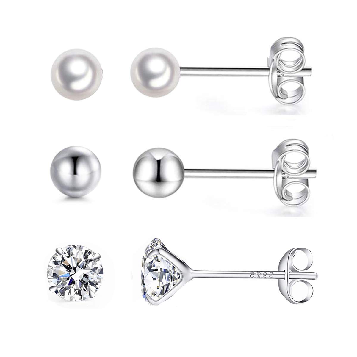Shuxin Silver Stud Earrings for Women, 3 Pairs 925 Sterling Silver Cubic Zirconia & Ball & Pearl Stud Earrings Set, Small Sleeper Cartilage Studs, Come with Silver Butterfly Earring Backs, Size: 4mm