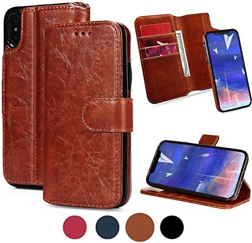 iPhone X Wallet Case with Card Holder&amp;Detachable Magnetic Slim Case, Kick-stand, Made with Premium Faux Leather-Brown By Weforever