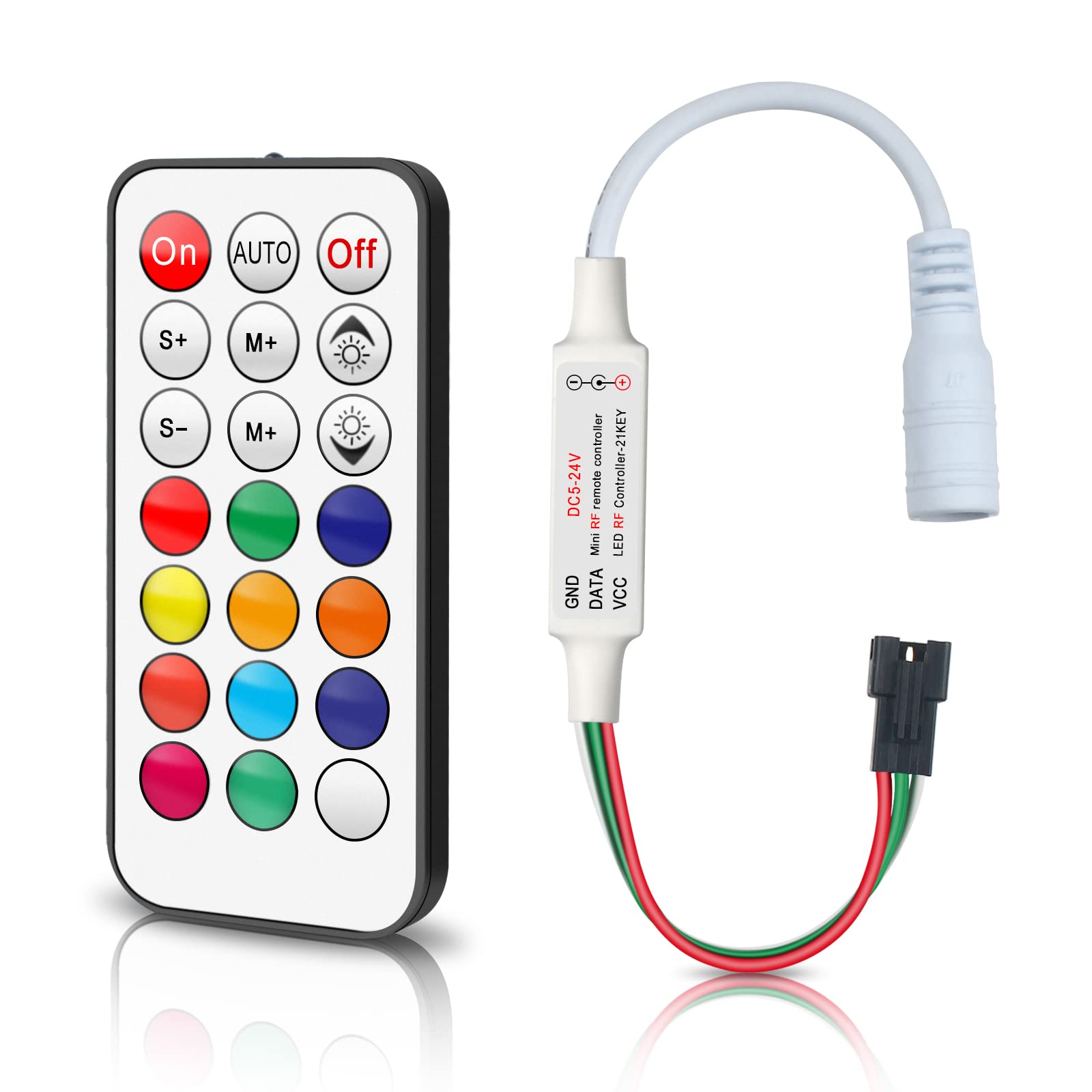 Aroidful DC5V/12V/24V RF Wireless Remote LED Controller, Addressable Mini LED Controller for WS2812B WS2811 Dream Color LED Pixel Strip Panel Lights, 3PIN JST Connector (21 Key) — image 1