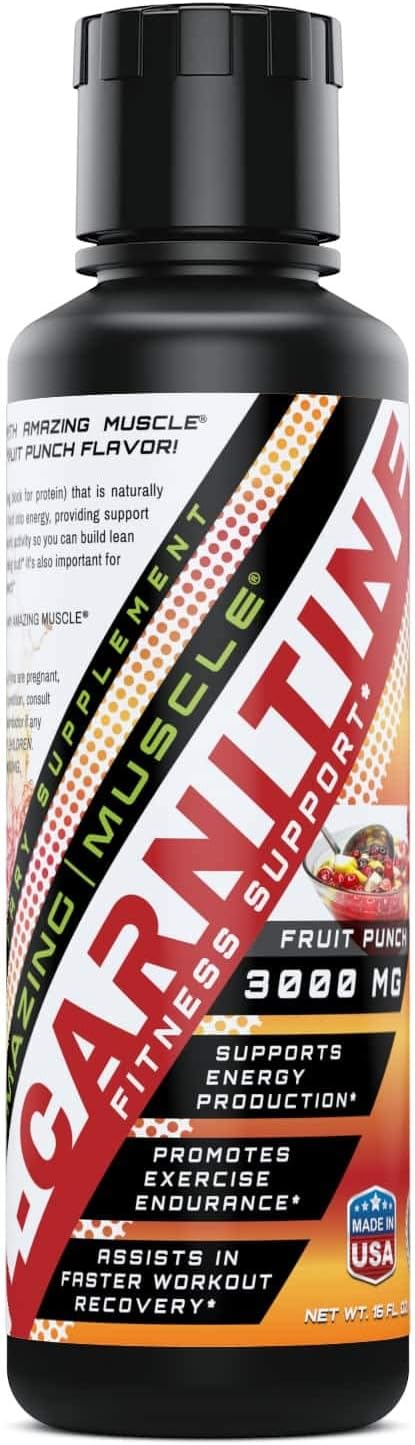 Amazing Muscle L-Carnitine 3000 mg 16 Fl. Oz. Fruit Punch Flavor - Supports Energy Prediction -Promotes Exercise Endurance -Supports Fast Recovery from High Intensity Workouts