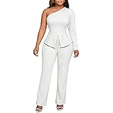Aro Lora Womens Sexy 2 Piece Outfits One Shoulder Long Sleeve Slit Top and Pant Set Dressy Pantsuits