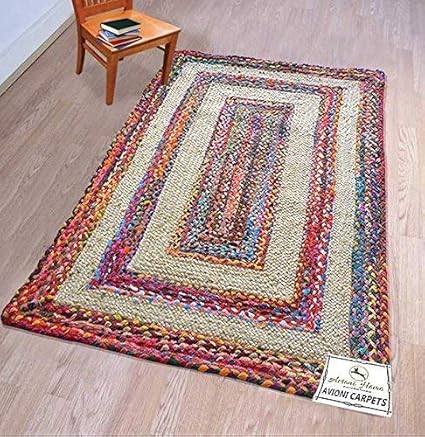 Avioni Home Cotton Chindi-Jute Mix Braided Area Rug, Handmade By Skilled Artisans