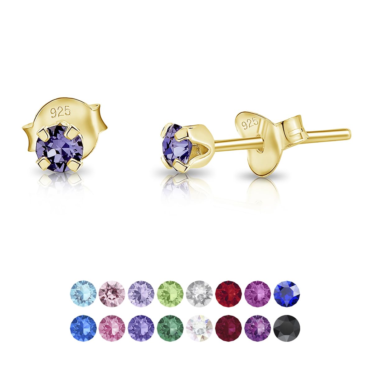 DTPSilver - 925 Sterling Silver Yellow Gold plated Round TINY Stud Earrings made with Glittering Crystals from Swarovski® Elements - Diameter: 3 mm - Colour : Tanzanite