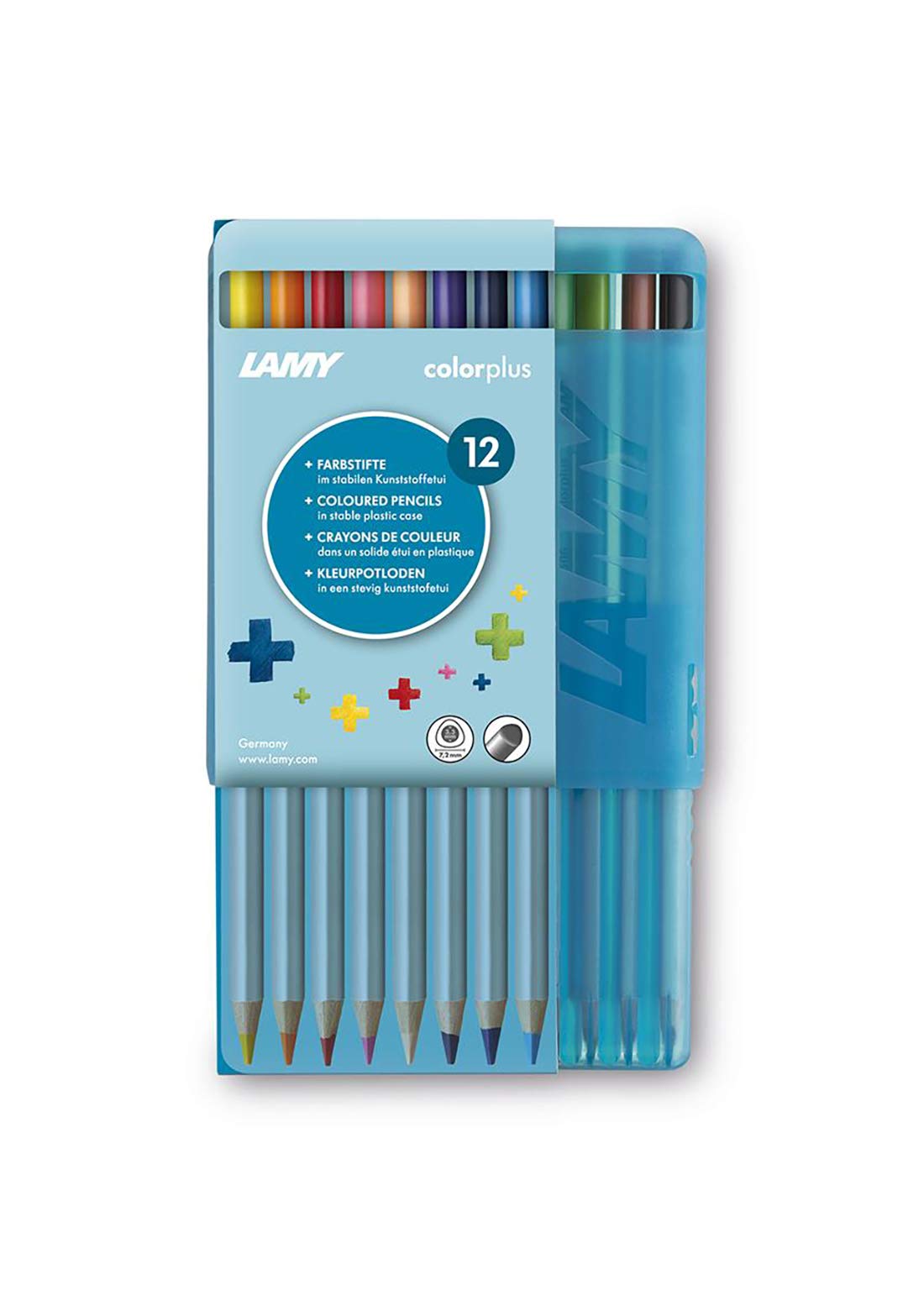 Lamy colorplus Plastic Case with 12 Colouring Pencils - Bright Colour Designs - Made of Solid Basswood with Ergonomic Triangle Shape - Thickness Lead Diameter 3.3 mm, Colouring Pencil Diameter 7.2 mm