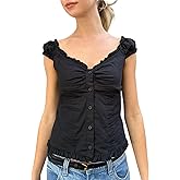 Women's Summer Button Down Crop Tops Cap Sleeve Y2k Slim Fitted Shirts Babydoll Coquette Tops Blouse