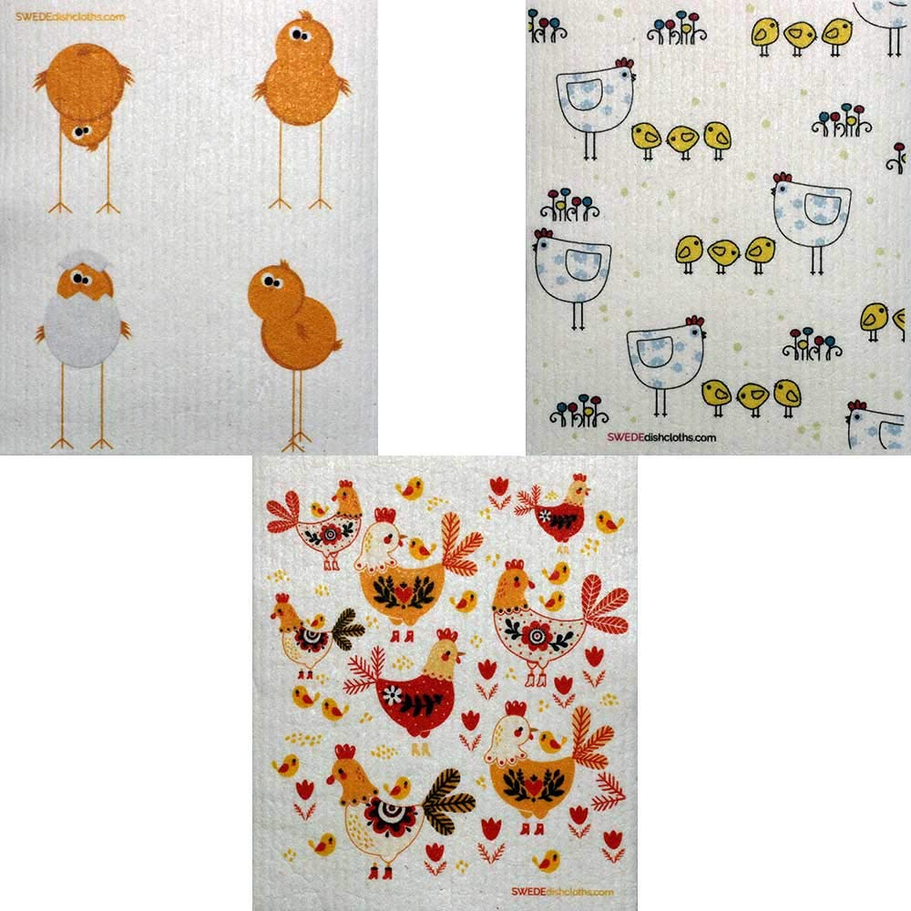 Mixed Chickens Set of 3 Swedish Dishcloths (One of Each Design) | ECO Friendly Absorbent Cleaning Cloth | Reusable Cleaning Wipes
