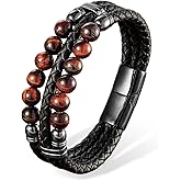 VA JENT Mens Leather Braided Tiger Eye Bead Bracelet Stainless Steel Clasp Cuff Bracelets Gift for Men Him