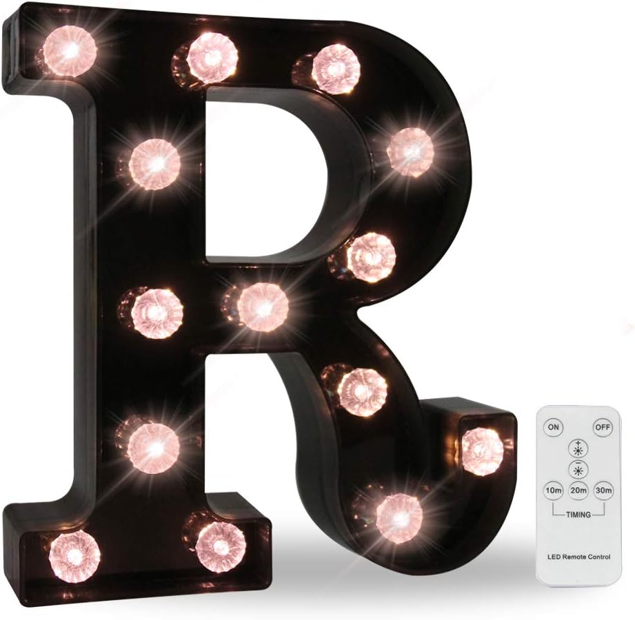 26 LED Letters Light Alphabet Marquee Signs, Ampersand Remote Timer Light Up Signs With Letters Desk Table Lamp for Bedroom, Bar, Wall Decor- Black Letter R