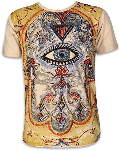 MIRROR by SURE Vintage Men´s T-Shirt Fatimas Hamsa Hand all seeing eye Goa Psychedelics Size M L XL (L, Cream - Vintage! See pic!)