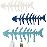 Otoolling 3 Pcs Fish Bones Towel Rack Metal Wall Mounted Nautical Fish Bones Towel Hooks Vintage Decorative Blue Pool Keys Rack Outdoor Ocean Beach Coastal Wall Decor for Beach House Bathroom Kitchen