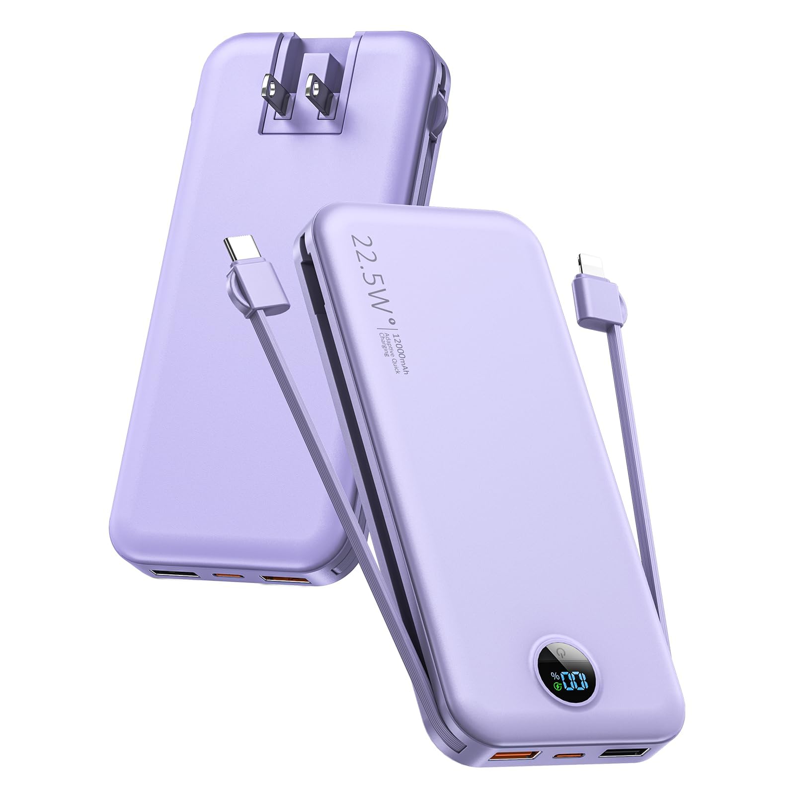 Photo 1 of Portable Charger, 12000mAh 22.5W USB C Fast Charging Power Bank with Built-in Cables and AC Wall Plug, Smart LED Display Travel Essentials Battery Pack Compatible with iPhone, iPad, Samsung etc Purple