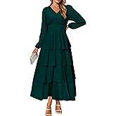 BerryGo Womens Flowy Maxi Dress Chiffon Long Sleeve Slit V Neck Casual Ruffle Tiered Boho Fall Wedding Guest Long Dress
