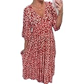 Apvirdy Summer Dresses for Women 2024 Casual V Neck Floral Bohemian Wrap 3/4 Sleeve Midi Boho Dress