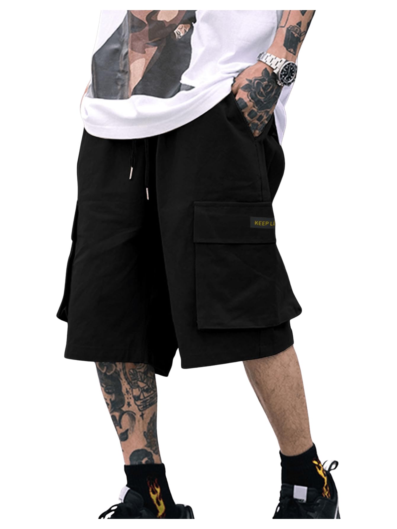 Photo 1 of OYOANGLE Men's Drawstring Elastic Waist Letter Patched Flap Pocket Cargo Shorts Solid Plain Loose Fit Shorts Black Medium