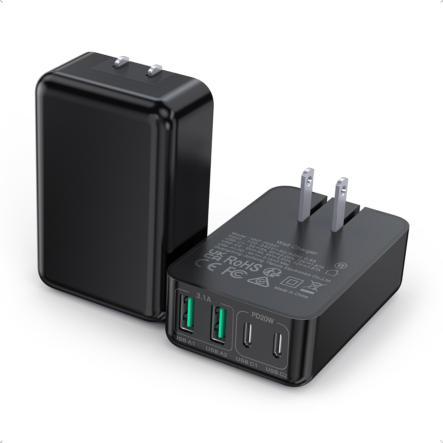 2Pack Flat USB C Charger Block, 40W 4-Port Fast Charger 20W Type C Charging Block 3.1A USB Wall Charger Dual Port PD+QC Charging Cube for iPhone 17 16 15 14 13 Pro Max XS, iPad,Samsung,Tablet(Black)
