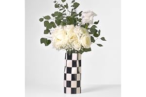 Reimagine Discovery Medium Checkered Vase, Modern Home Decor, Decorative Ceramic Flower Vase, Aesthetic Black & White Room Decor for Office, Bedroom, Living Room (9.25” Tall)