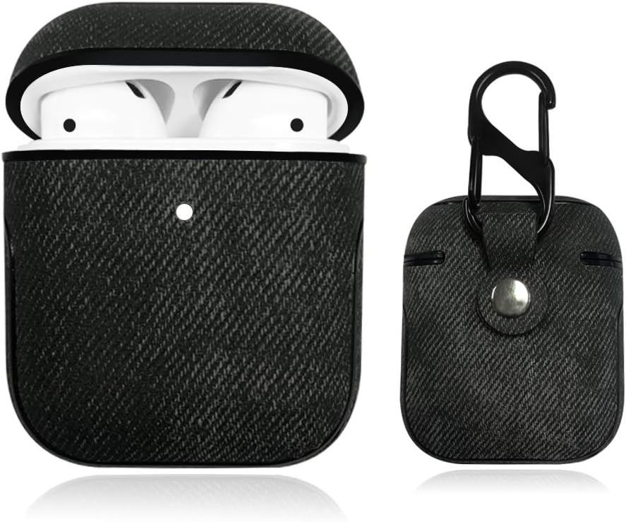 AirPods Case, AirPods Case Cover with Keychain，Luxury Leather Classic Design case,Imitation Denim Fabric,Compatible with Apple AirPods 2 and 1 (Front LED Visible) - (Black)