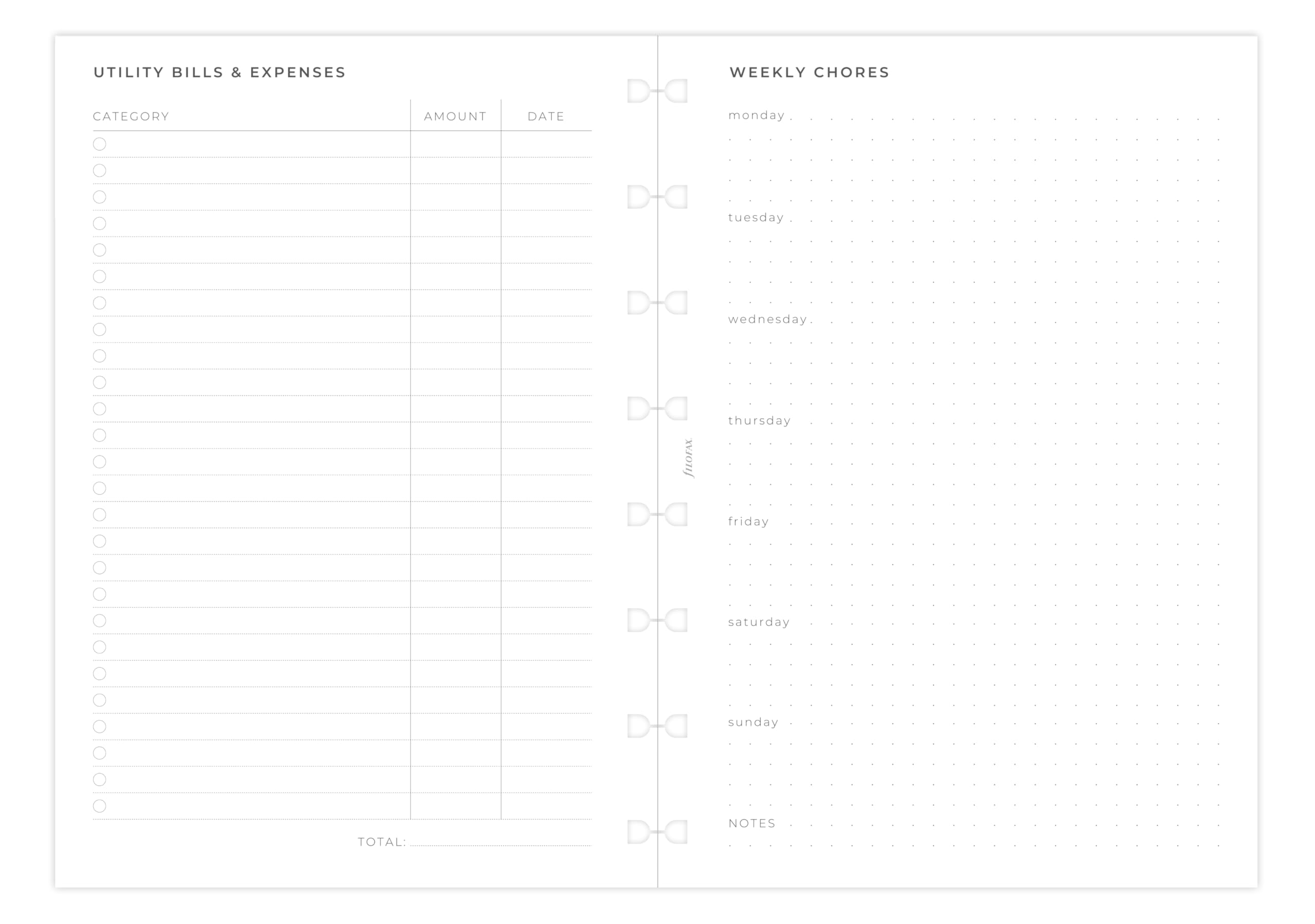 Filofax A5 Household Planner refillable Notebook Refill