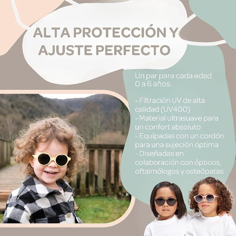 Óculos de sol para crianças dos 2 aos 4 anos, proteção UV 100% - CAT 3, proteção lateral, conforto ótimo, têmporas ajustáveis a 360°, papoila