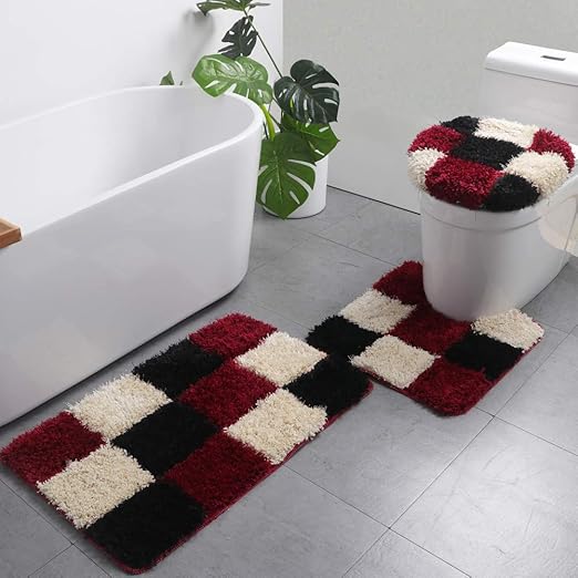 Amazon Com 2 Pieces Bathroom Rugs Set Water Absorbent Comfy Shaggy Bath Toilets Mats Set Washable U Shape Contoured Toilet Mat Bath Rug For Tub Shower Bathroom Red Kitchen Dining