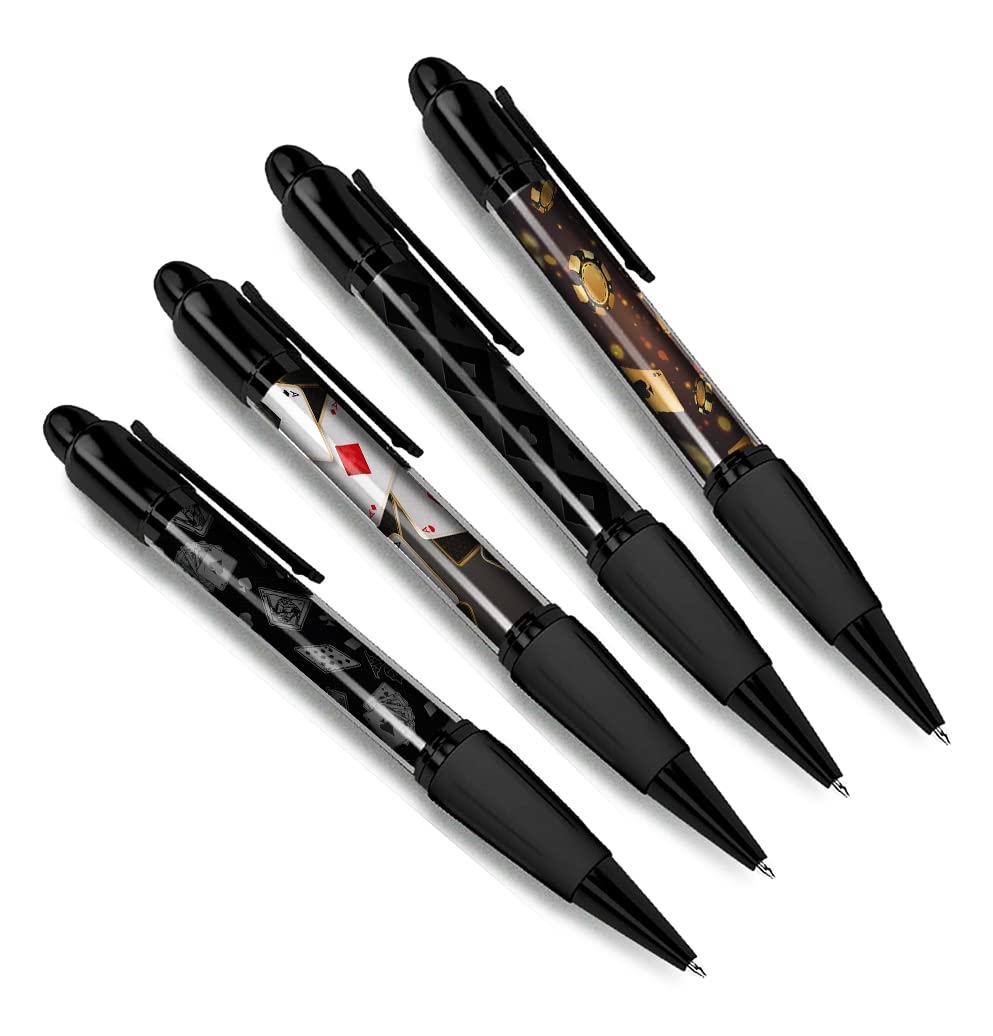 DV DESIGN Set of 4 Card Games Black Ballpoint Pens - Poker Blackjack Solitaire Queen Deck Club Casino Chips Boys Girls Men Women Theme Pen #79395