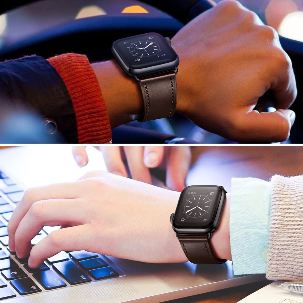 OUHENG Compatible with Apple Watch Band 49mm/46mm/45mm/44mm/42mm, Genuine Leather Band Strap Compatible with Apple Watch Ultra 2/1 Series 10/9/8/7/6/5/4/3/2/1/SE, Dark Brown/Black