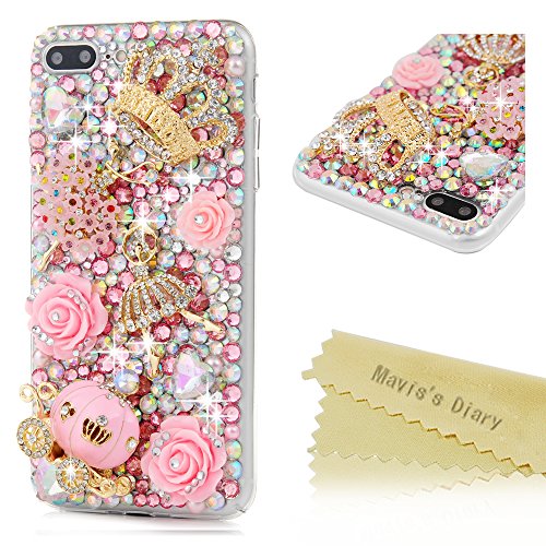 Mavis's Diary iPhone 7 Plus Case 5.5 inch 3D Handmade Bling Rhinestone Diamonds Luxury Pumpkin Carriage Golden Crown Pink Flower Dancing Girl Shiny Heart [Full Edge Protection] Hard PC Cover