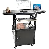 Upgraded AV Cart, Adjustable-Height Steel AV Cart with Locking Cabinet and Pullout Keyboard Tray, Rolling Media Cart with Whe