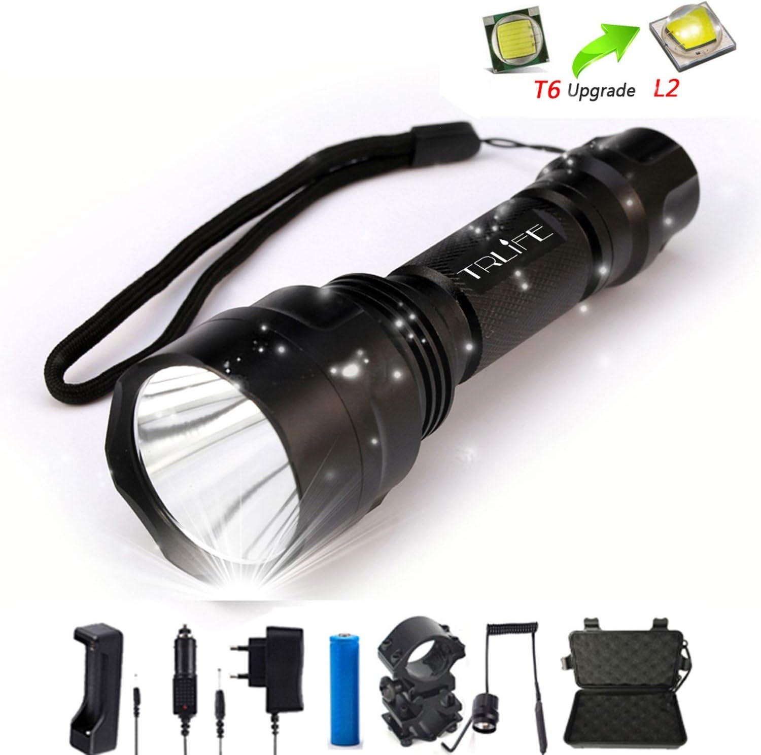 10000 Lums Flashlight Linterna LED Torch Light L2 Tactical Aluminum Hunting Flash Light Lamp +18650+Charger+Gun Mount,G,No (10000 l)