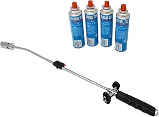 Unkrautbrenner mit 4 Butan Gaskartuschen Abflammgerät Gasbrenner Piezo Zündung Unkrautvernichter Brenner