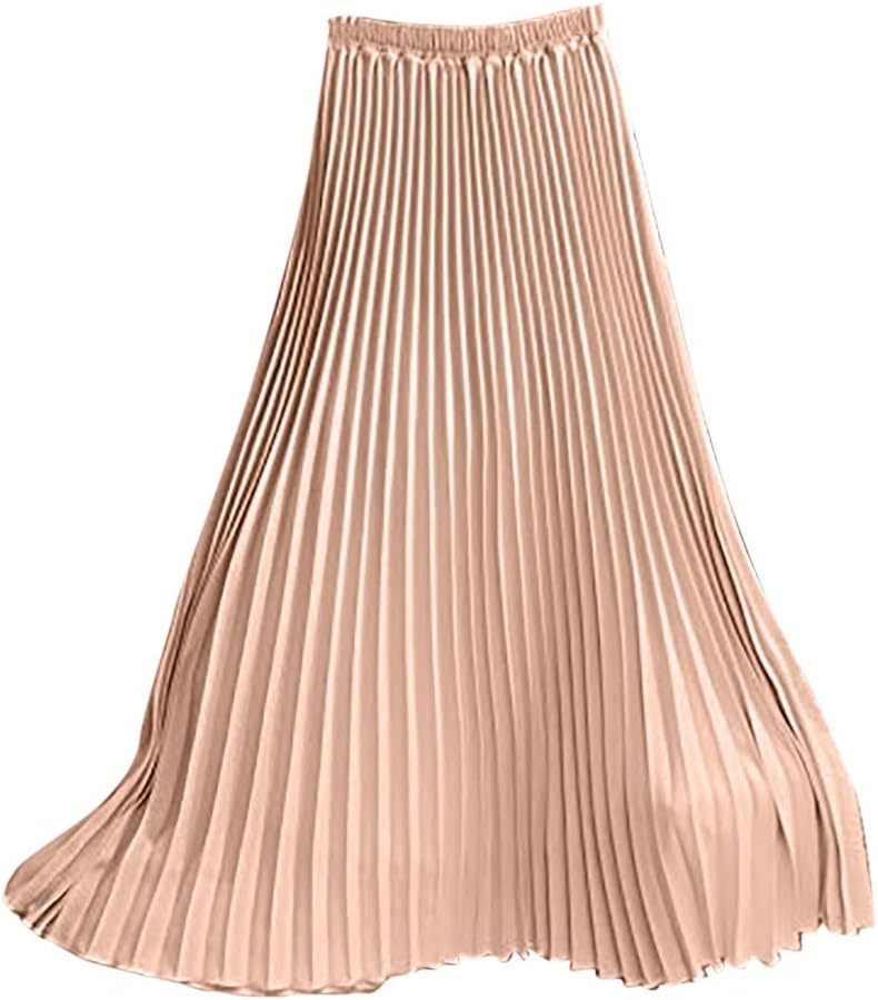 KIMODO® Womens Skirt Solid Pleated Elegant Midi Elastic Office Wear Women Waist Maxi Skirt Closure Accordion Pleated Midi Party Skirt