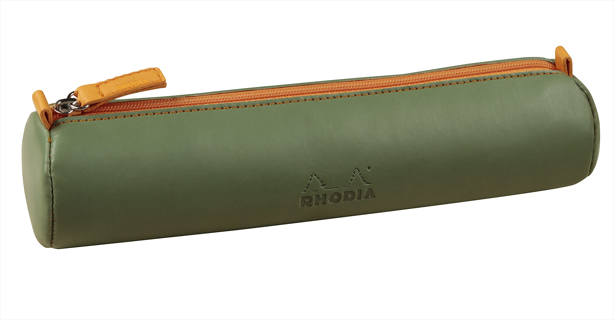 RHODIA 319004C - Rhodiarama Sage Round Pencil Case - 21.5 x 5.5 cm - Genuine Orange Stitching - Ivory Jersey Interior - Faux Leather - Storage for Pens, Pencils, Markers, Small Supplies