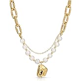 Pearl Necklace for Women - 18k Gold Vermeil Link Chain with Natural Freshwater Cultured Genuine Pearls Necklace for Women