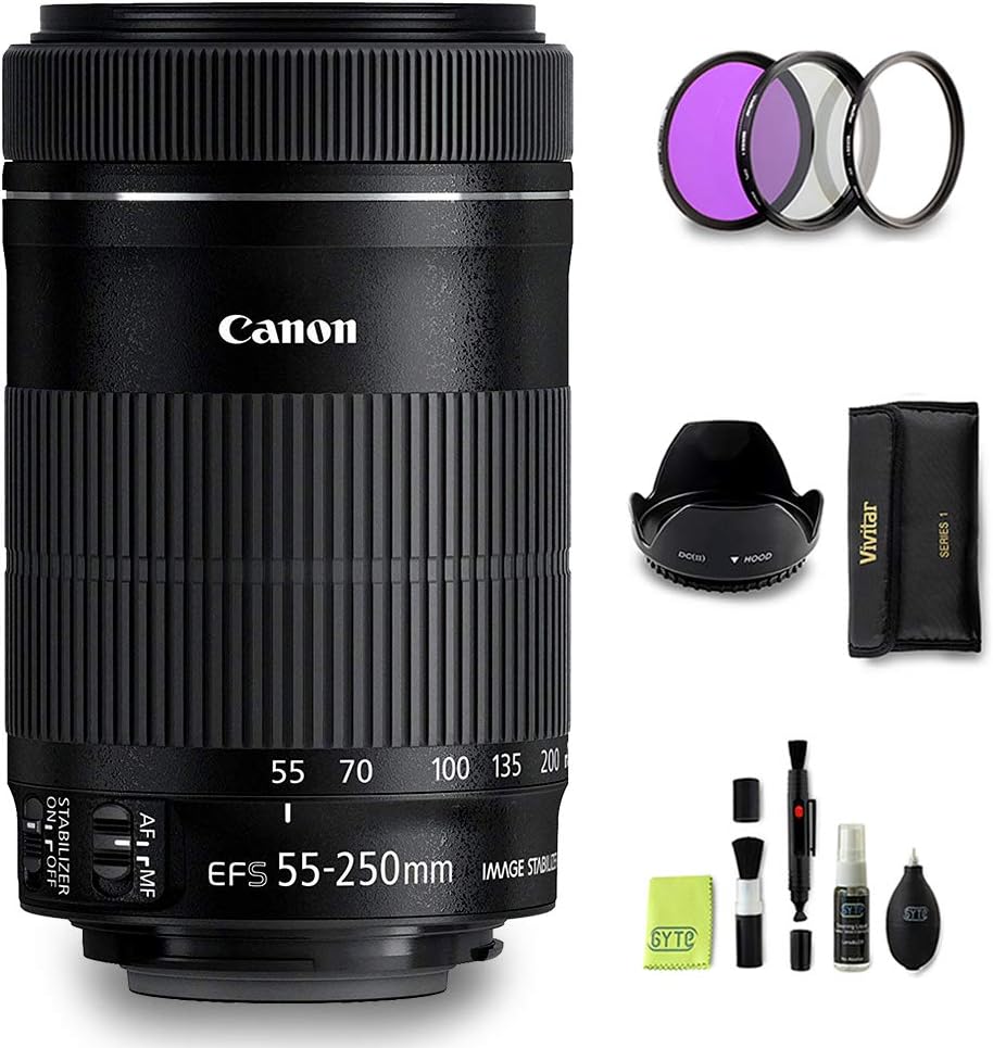 GYTE Bundle | Canon Lens - EF-S 55-250mm f/4-5.6 IS STM – Telephoto Zoom Lens for Canon DSLR Cameras + 3-Piece Filter Kit + Cleaning Set | Premium Accessories Bundle