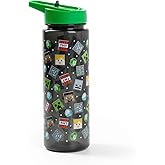 Minecraft Creeper 750ml Straw Water Bottle | Black with Green Lid | Flip-Top Hydration Bottle with TNT Graphic Print
