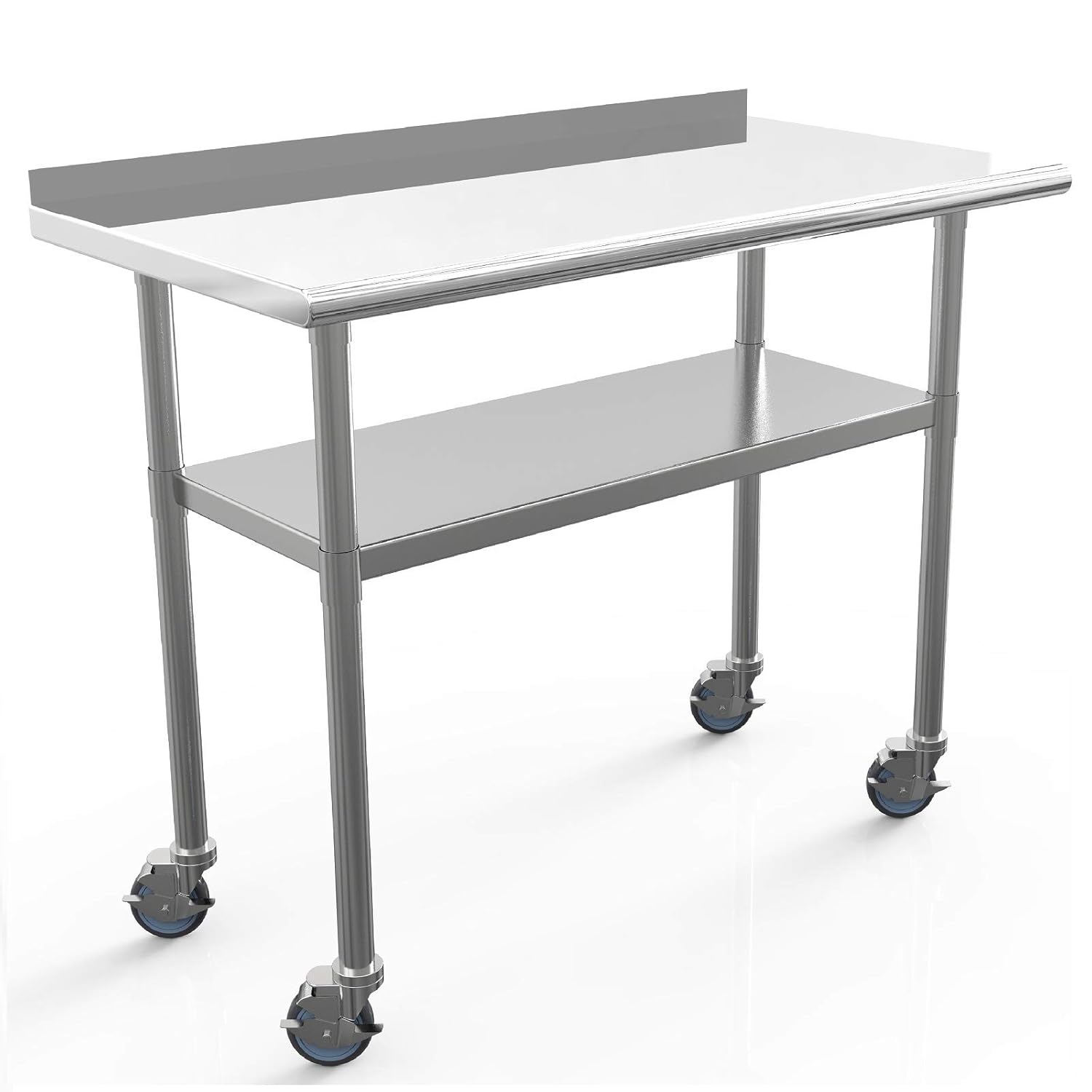 Commercial Work Table NSF Stainless Steel Table 48 x 24 Inches Heavy Duty Workbench Industrial Restaurant Food Work Tables for Shop Worktop with 1 1/2" Backsplash /4 Caster Wheels