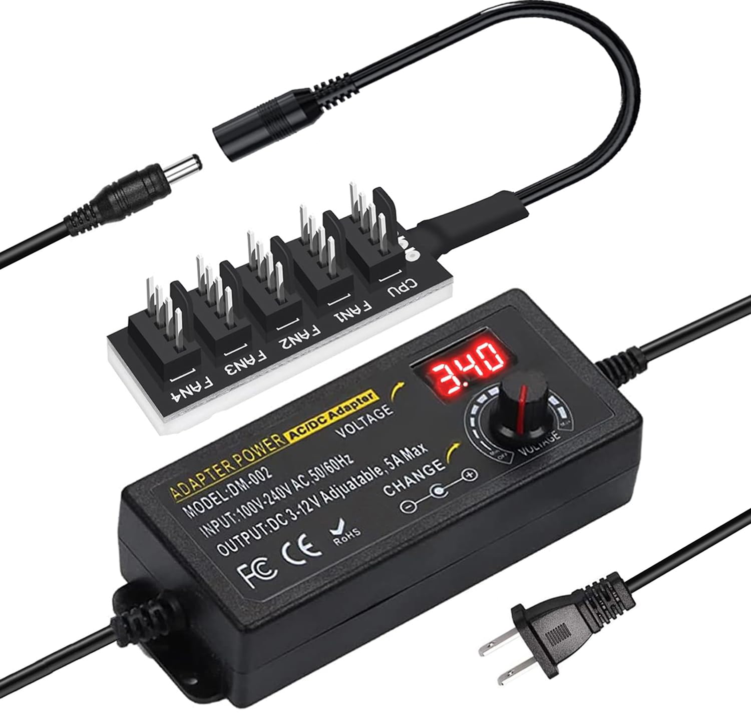 Photo 1 of Delinx 60W 12V PC Fan Power Supply, 3-pin 4-Pin Computer Cooler Fans Speed Controller, LED Lighting Brightness Cotnrol, 1 to 5 Way Splitter Cable,100-240vAC to 3-12vDC 5A Adjustable Fan Adapter