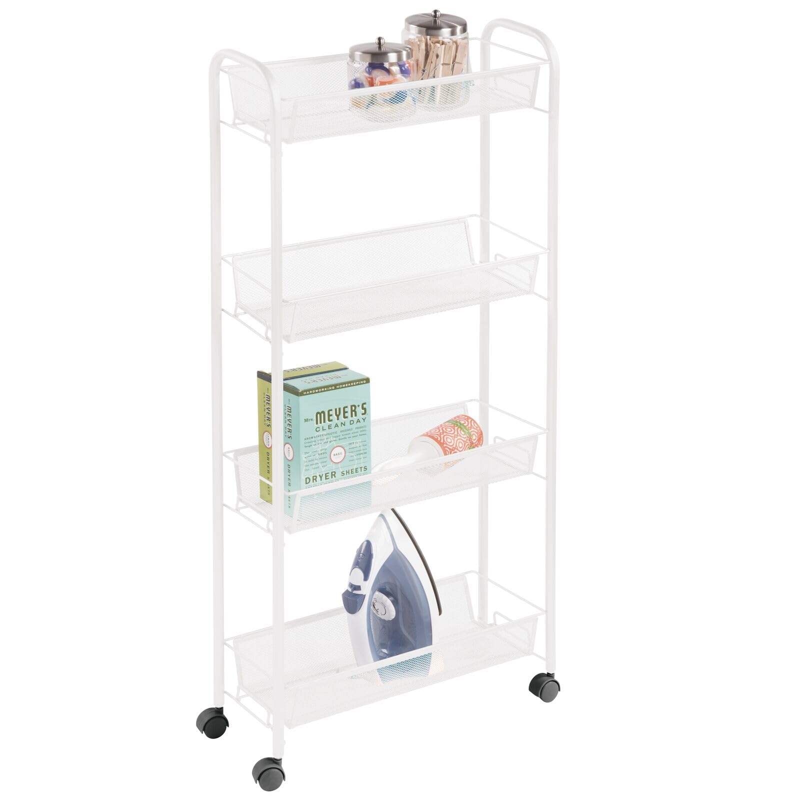 mDesign Rolling Utility Trolley — Portable Storage Shelf Unit with 4 Levels — All-Purpose Shelving Trolley with Easy-Glide Wheels — White