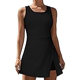 Women's Sleeveless Golf Tennis Dress Crew Neck Side Slit Workout Athletic Dresses with Built-in Bra Shorts and Pocket