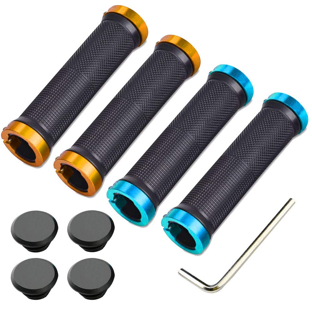 Aiqeer 2 Pairs Bike Handlebar Grips, Anti-Slip Rubber Bicycle Handle Grips with Aluminum Double Lock, Bike Handle Protector for MTB BMX (Golden + Blue)