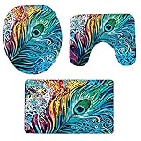 3-Piece Bathroom Rug Mat Set Large Christmas Soft Bathroom Non-Slip Pedestal Rug + Lid Toilet Cover + Contour Bath Mat,Peacock Feather