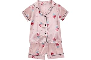 Toddler Boys Girls Satin 𝐏a𝐣amas Set Soft Button-Down 𝐒lee𝐩wear Short Sleeve Shirt and Shorts 𝐏𝐣s Print 𝐋oun𝐠ewear