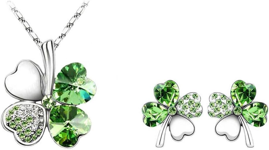 Women's Jewelry Set Blue Crystal Sweet Four Leaf Clover Necklace Earrings 18K White Gold Chain