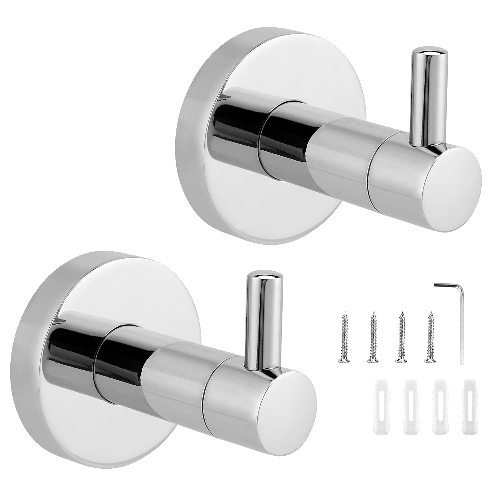 JEUIHAU 2 Pack Stainless Steel Towel Hooks, Silver Chrome Bathroom Hooks, Wall Mounted Robe Hook Door Hooks with Mounting Accessories for Bathroom, Kitchen, Bedroom, Office
